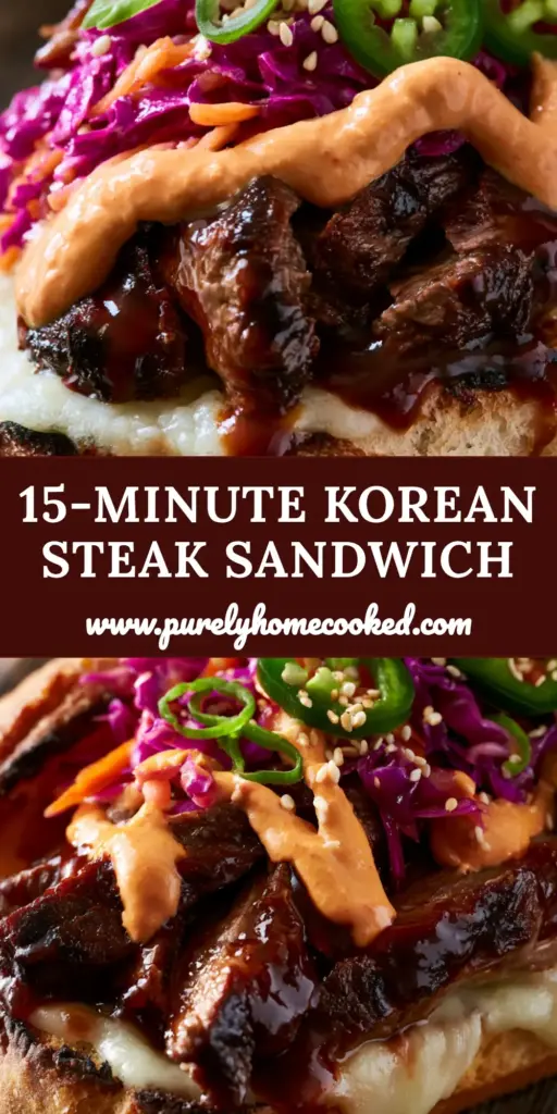 Korean Steak Sandwich with Glossy Mahogany Glaze and Gochujang Aioli 4 A close-up view of a Korean Steak Sandwich with dripping mahogany glaze, purple cabbage, and Gochujang aioli on a toasted baguette.