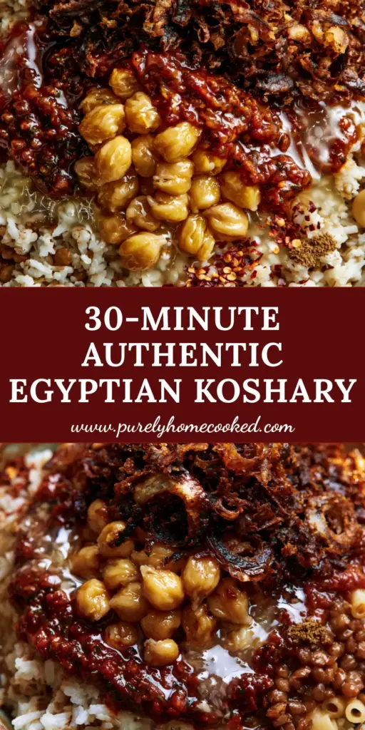 Egyptian Recipes: Authentic Koshary with Crispy Onions and Zesty Sauce 4 A rustic bowl of Egyptian Koshary with glossy tomato sauce and dark golden fried onions. (Egyptian recipes)