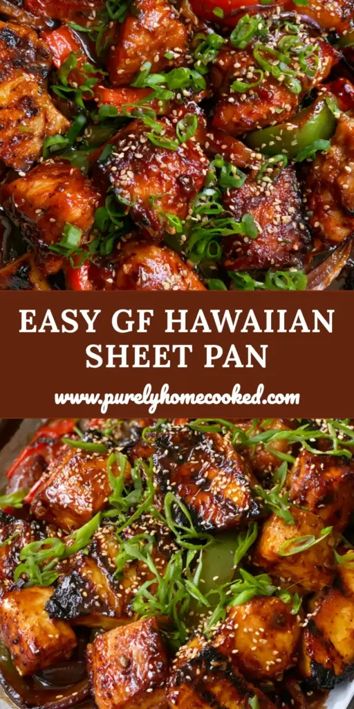 Gluten-free Hawaiian Chicken: The Ultimate Sheet Pan Island Feast 3 A rustic metal sheet pan filled with Gluten-free Hawaiian Chicken, seared pineapple wedges with char marks, and a thick glossy teriyaki glaze.