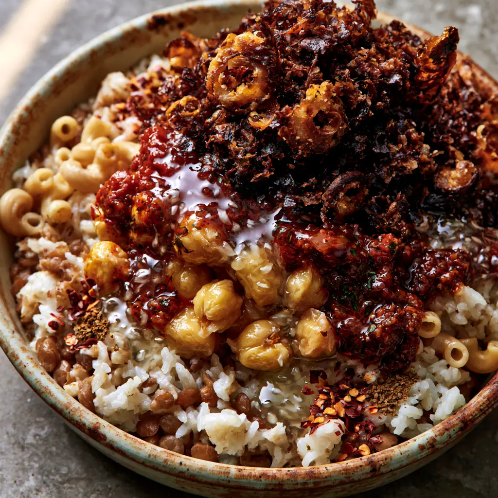 Egyptian Recipes: Authentic Koshary with Crispy Onions and Zesty Sauce 2 High-angle close-up of Koshary showing rice, lentils, macaroni, and thick red sauce. (Egyptian recipes)