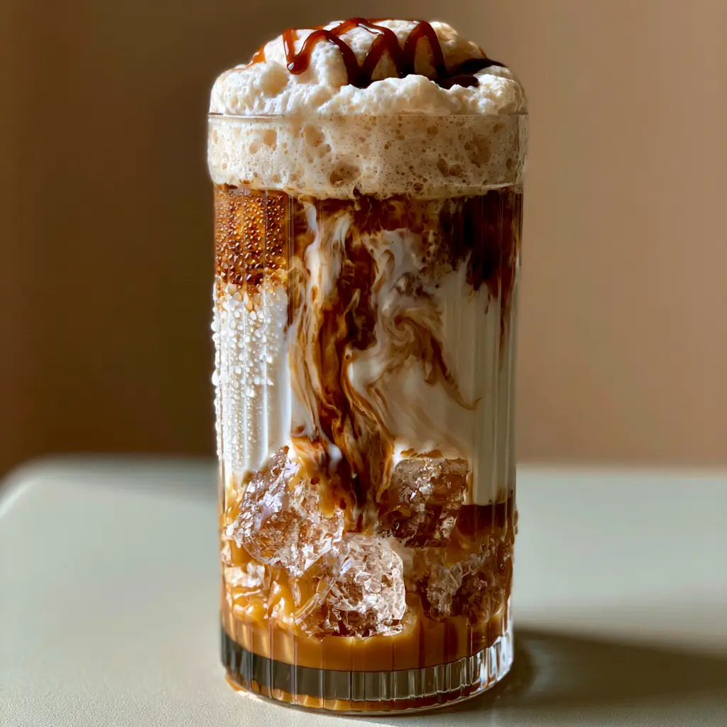 A thick layer of microfoam cold foam topped with a caramel zigzag drizzle in a ribbed glass.