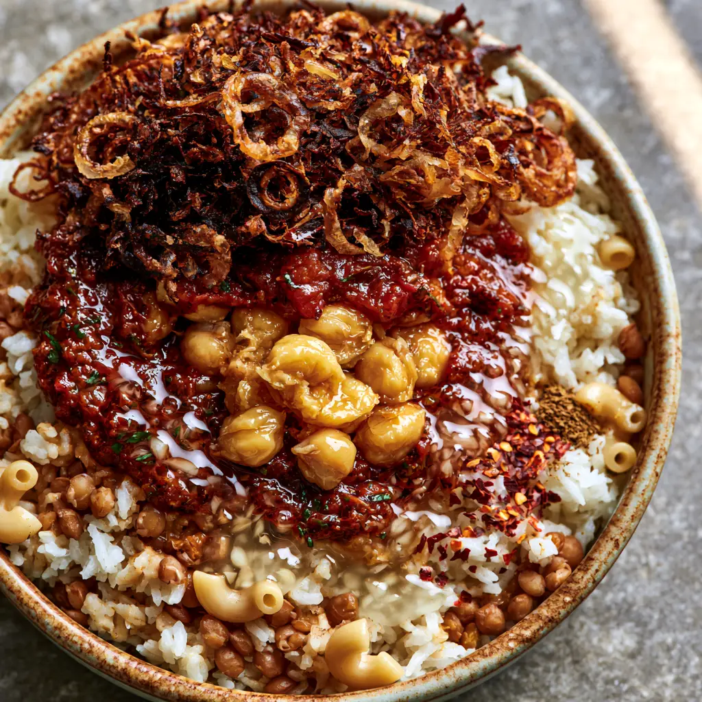 Egyptian Recipes: Authentic Koshary with Crispy Onions and Zesty Sauce 1 Close-up of crispy fried onion curls on top of Egyptian Koshary.