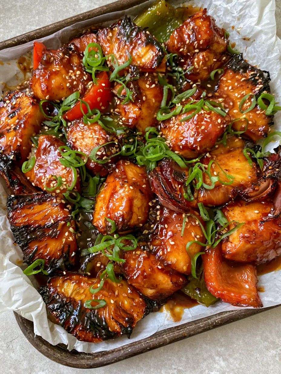 Gluten-free Hawaiian Chicken: The Ultimate Sheet Pan Island Feast 4 A smartphone photo of succulent chunks of seared chicken breast drenched in a thick amber glaze with charred pineapple on white parchment paper. (Gluten-free Hawaiian Chicken)