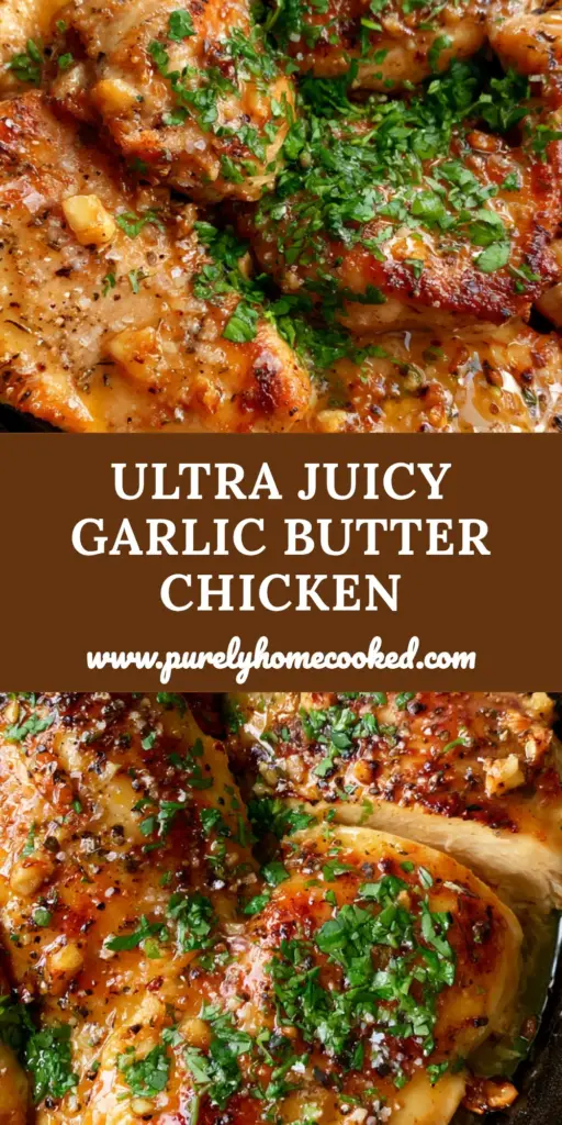 A close-up shot of Flavorful chicken slices in a cast iron skillet with garlic butter, parsley, and red pepper flakes.