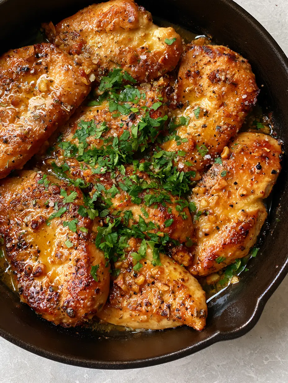 Macro shot of seared Flavorful chicken slices with visible black pepper, sea salt, and toasted garlic bits.