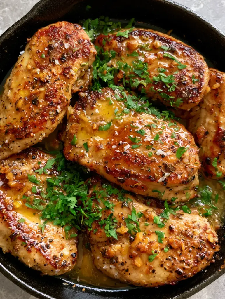 Top-down view of a cast iron pan filled with garlic butter chicken and fresh parsley.