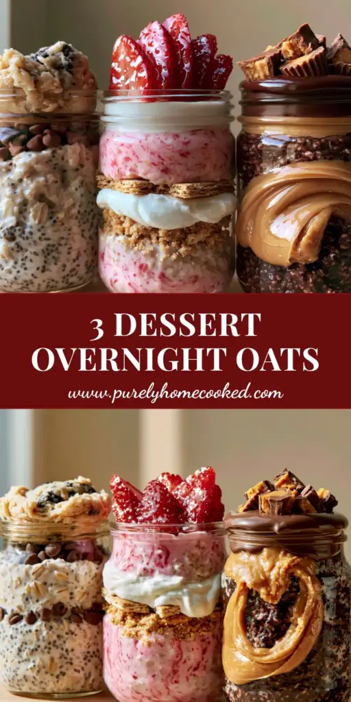A trio of dessert-themed overnight oats recipes in glass jars featuring cookie dough, strawberry cheesecake, and peanut butter cup flavors.