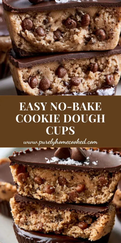 Chocolate chip cookie dough cups with Dark Chocolate and Sea Salt 4 A stack of gourmet chocolate chip cookie dough cups garnished with flaky sea salt on a ceramic plate.