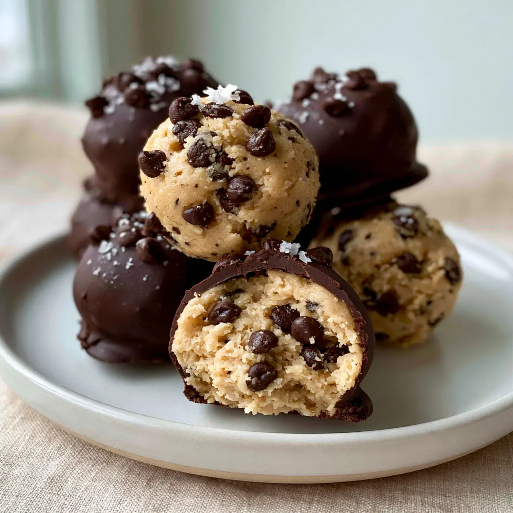 Cookie Dough Truffles: The Ultimate No-Bake Dark Chocolate Decadence 2 Close up handheld smartphone photo of glossy cookie dough truffles on a beige linen background. (cookie dough truffles)