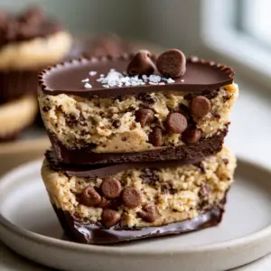 High-angle shot of a chocolate chip cookie dough cup sliced in half to show layers of dark chocolate and cookie dough.