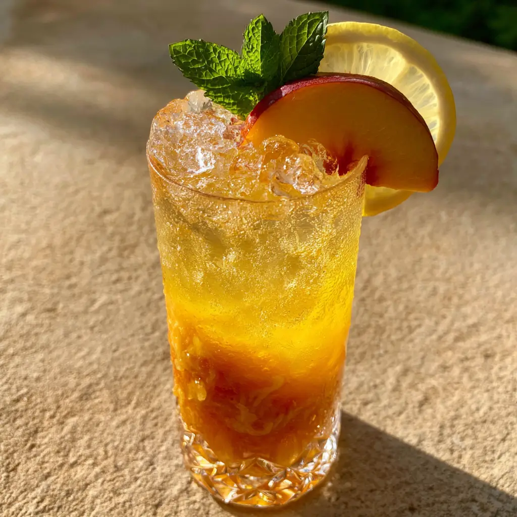Beach Peach Lemonade Cocktail: The Ultimate Sparkling Summer Sipper 2 Close up of a layered Beach Peach Lemonade Cocktail with square ice and condensation on a sandy stone surface.