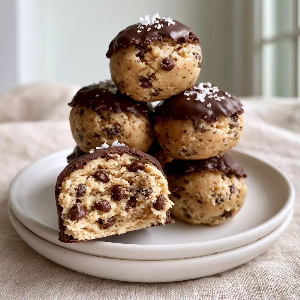 Cookie Dough Truffles: The Ultimate No-Bake Dark Chocolate Decadence 1 Detailed view of the soft, creamy edible cookie dough center inside a dark chocolate truffle. (cookie dough truffles)