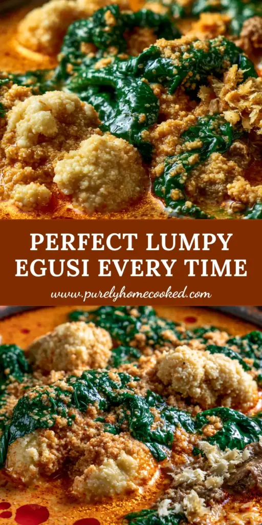Egusi Soup: The Ultimate Guide to Making Authentic Nigerian Melon Seed Stew with Perfect Lumps 4 A steaming bowl of authentic Nigerian Egusi Soup with large melon seed lumps, wilted spinach, and shimmering red palm oil. (Egusi Soup)