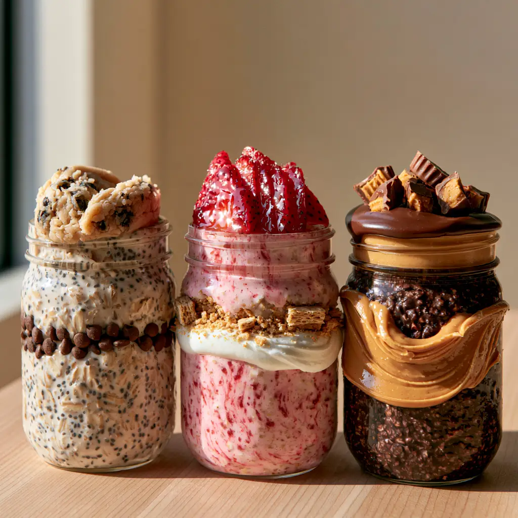 Close up of the textures in dessert overnight oats recipes including glossy ganache and fresh sliced strawberries.