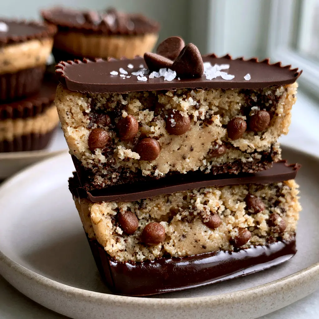 Chocolate chip cookie dough cups with Dark Chocolate and Sea Salt 1 Close-up of the textured egg-free filling inside the chocolate chip cookie dough cups.