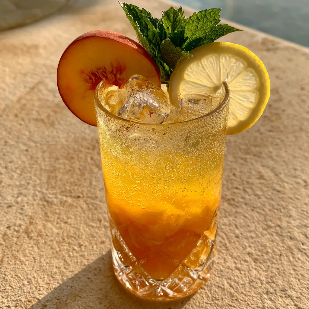 Beach Peach Lemonade Cocktail: The Ultimate Sparkling Summer Sipper 1 Beach Peach Lemonade Cocktail garnished with a fresh peach slice, lemon wheel, and mint sprig.