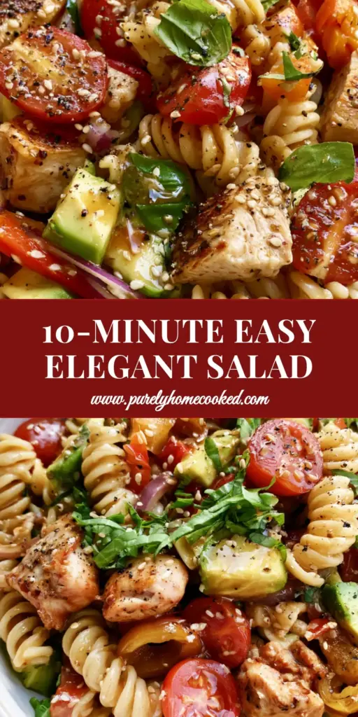 Black Tie Wedding Pasta Salad with Seared Chicken and Basil 4 A high-end Black Tie Wedding pasta salad with seared chicken, rotini, and fresh vegetables in a white ceramic bowl.