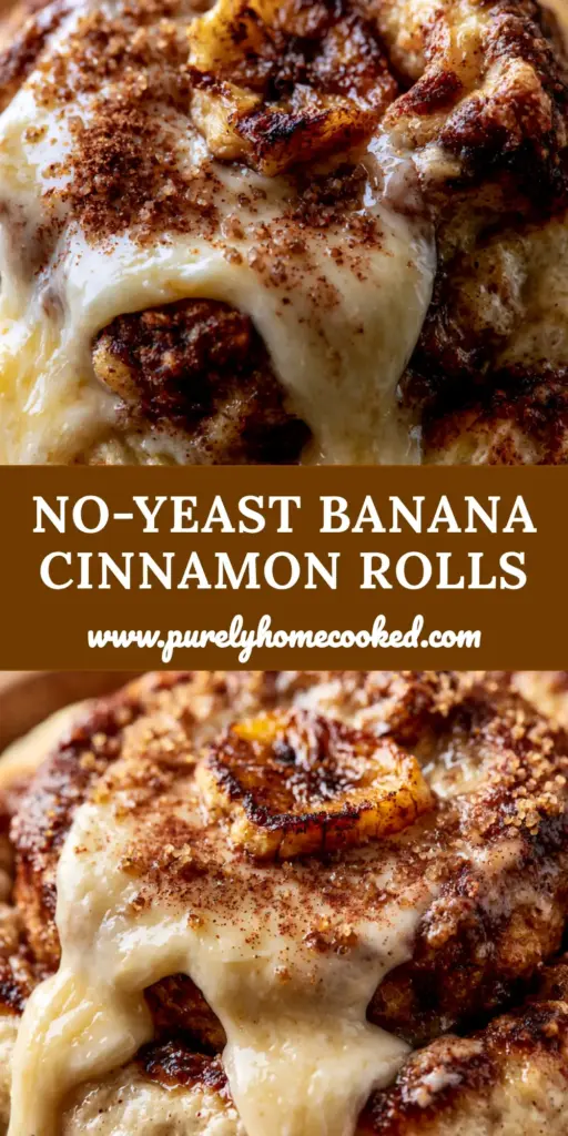 Banana Cinnamon Rolls with Caramelized Banana Slices 4 Extreme macro close-up of a fluffy banana cinnamon roll with thick cream cheese glaze and a caramelized banana slice. (banana cinnamon rolls)