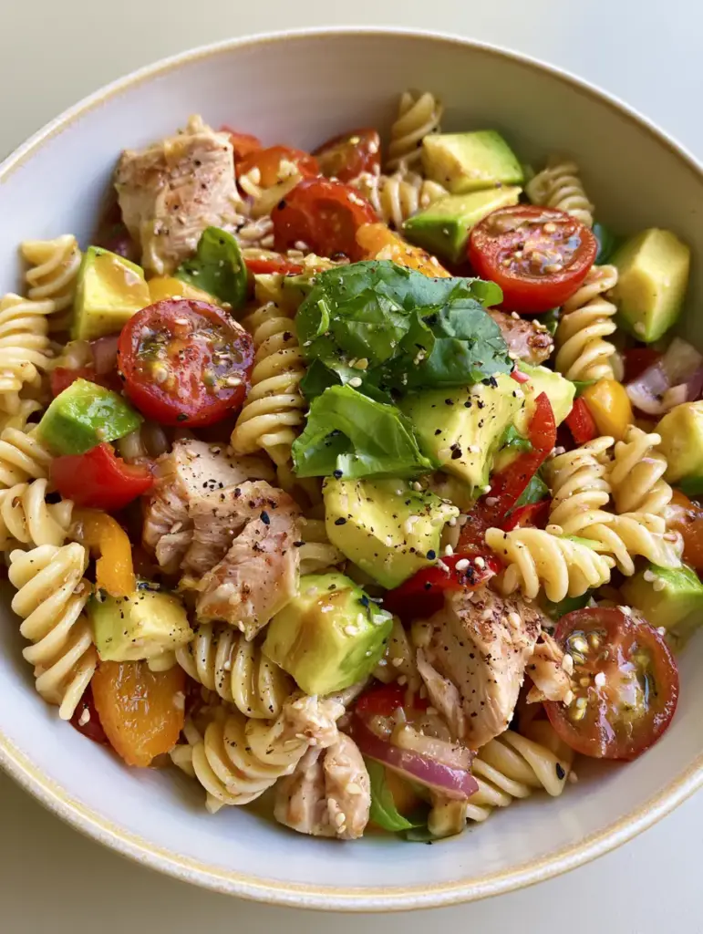 Black Tie Wedding Pasta Salad with Seared Chicken and Basil 2 Smartphone photo of premium rotini pasta salad with seared chicken and glossy vinaigrette for a Black Tie Wedding theme.