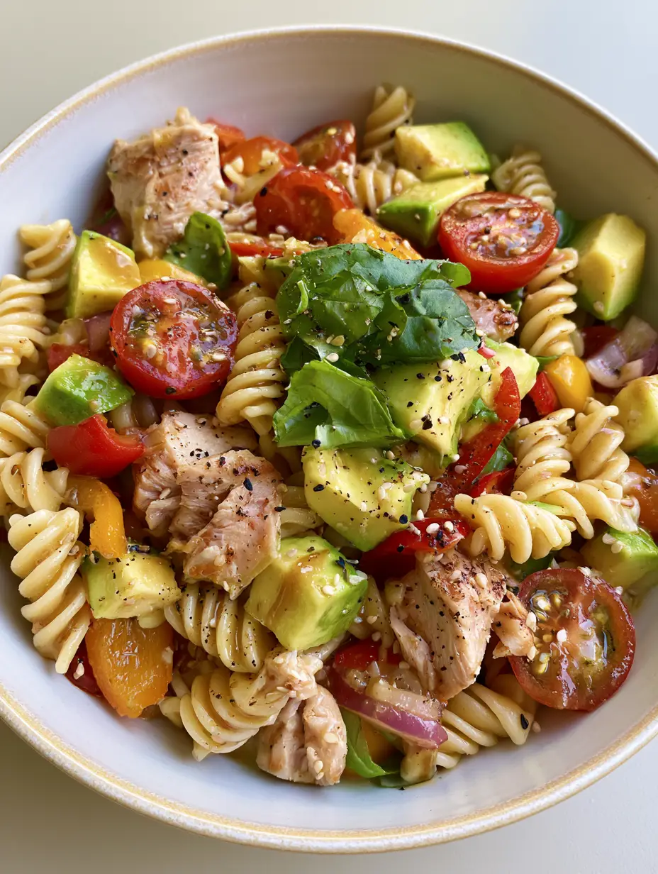 Black Tie Wedding Pasta Salad with Seared Chicken and Basil 5 Smartphone photo of premium rotini pasta salad with seared chicken and glossy vinaigrette for a Black Tie Wedding theme.