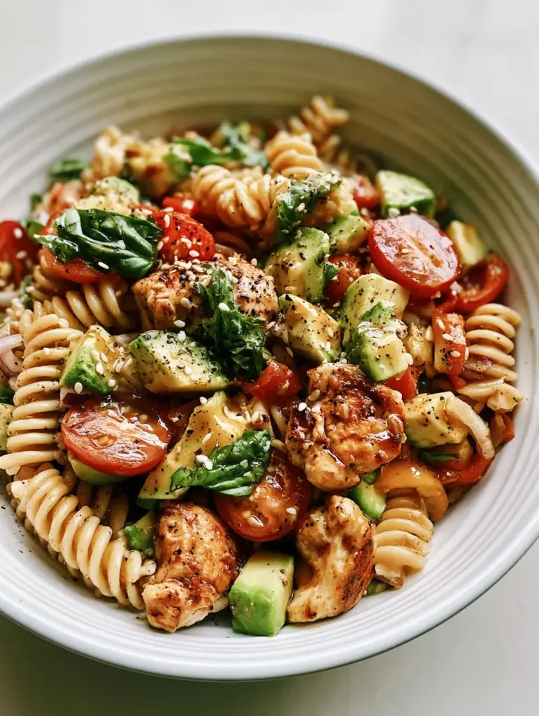 Black Tie Wedding Pasta Salad with Seared Chicken and Basil 1 Close-up of seared chicken and diced avocado in a Black Tie Wedding inspired pasta salad.