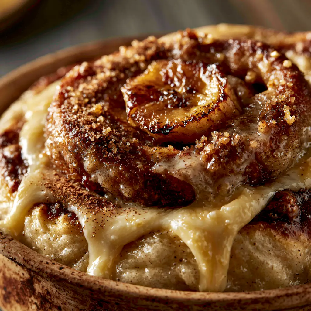 Banana Cinnamon Rolls with Caramelized Banana Slices 1 Detailed view of a thick cream cheese glaze dripping down the swirls of a banana cinnamon roll. (banana cinnamon rolls)