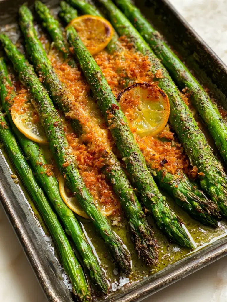 Sheet Pan Asparagus with Garlic Parmesan Crust and Charred Lemons 2 Close-up macro shot of emerald green asparagus spears with a thick golden-brown toasted parmesan crust and minced garlic. (sheet pan asparagus)