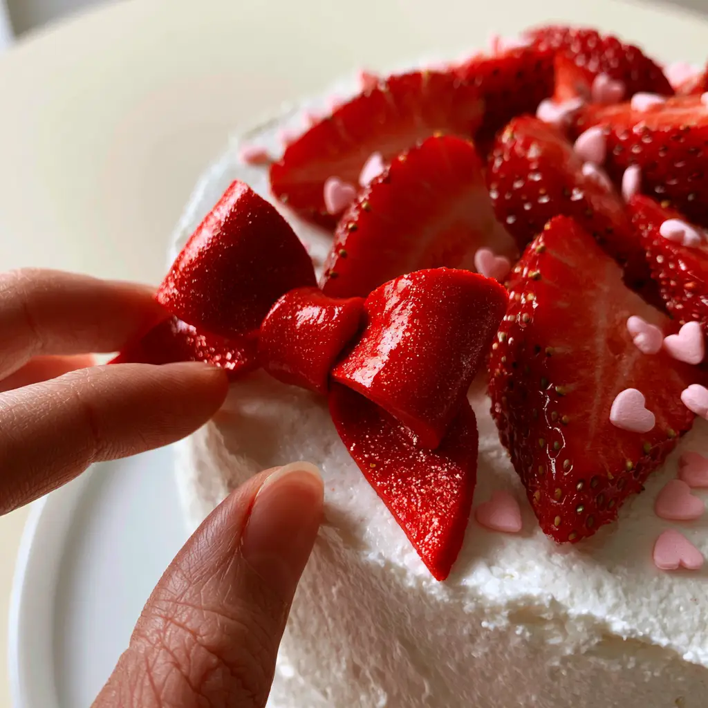 Hello Kitty Birthday Party Ideas: The Ultimate DIY Minimalist Strawberry Cake Hack 2 Extreme close-up of a hand placing a glossy red fondant bow onto a smooth white buttercream cake. (Hello Kitty Birthday Party Ideas)