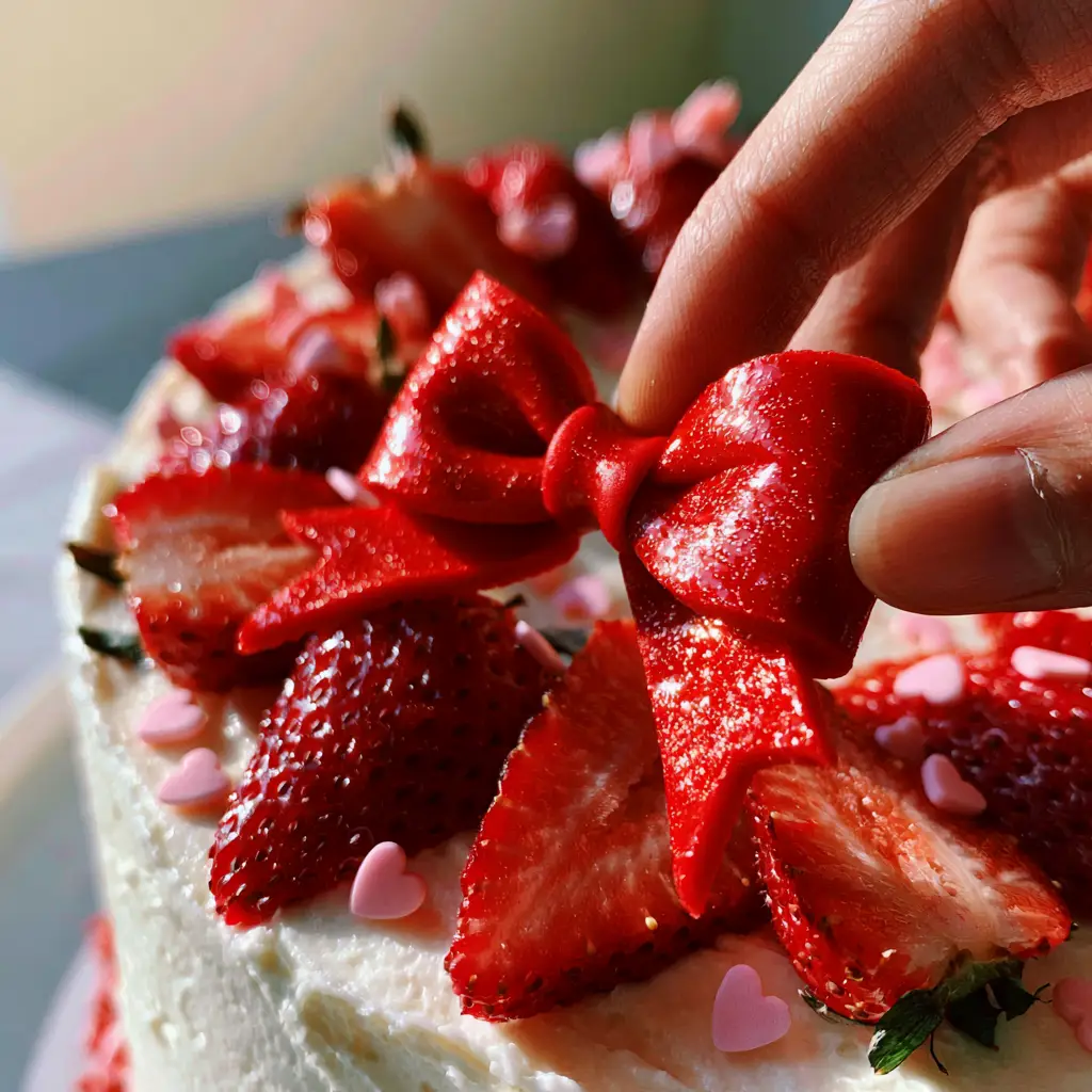 Hello Kitty Birthday Party Ideas: The Ultimate DIY Minimalist Strawberry Cake Hack 1 Close-up of fresh sliced red strawberries and tiny pink heart-shaped sprinkles on white frosting.