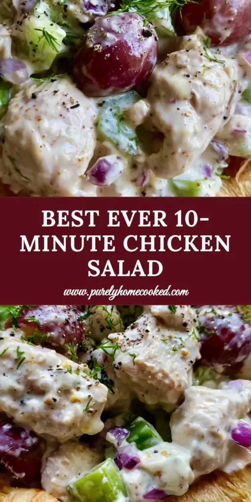 A golden flaky buttery croissant overflowing with chunky classic chicken salad featuring large white meat pieces, red grapes, and fresh dill.