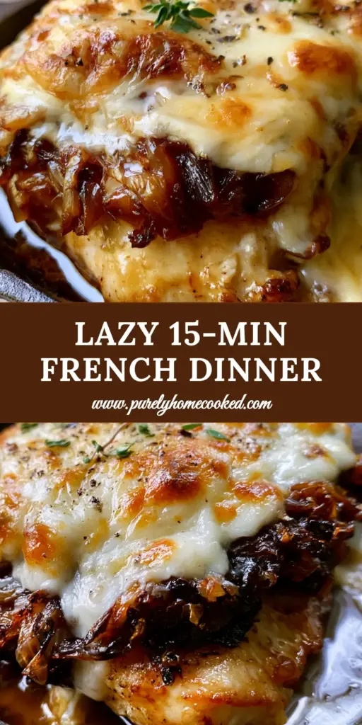 French food: The Ultimate French Onion Garlic Chicken in a Cast Iron Skillet 4 Close-up of French Onion Garlic Chicken in a cast iron skillet with melted gruyere and caramelized onions. (French food)