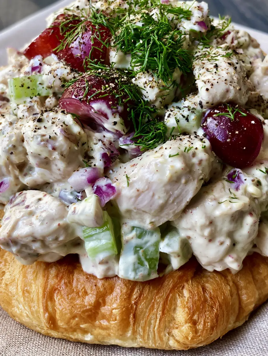 Macro photo of chunky classic chicken salad with visible Dijon mustard seeds, red onions, and celery bits.