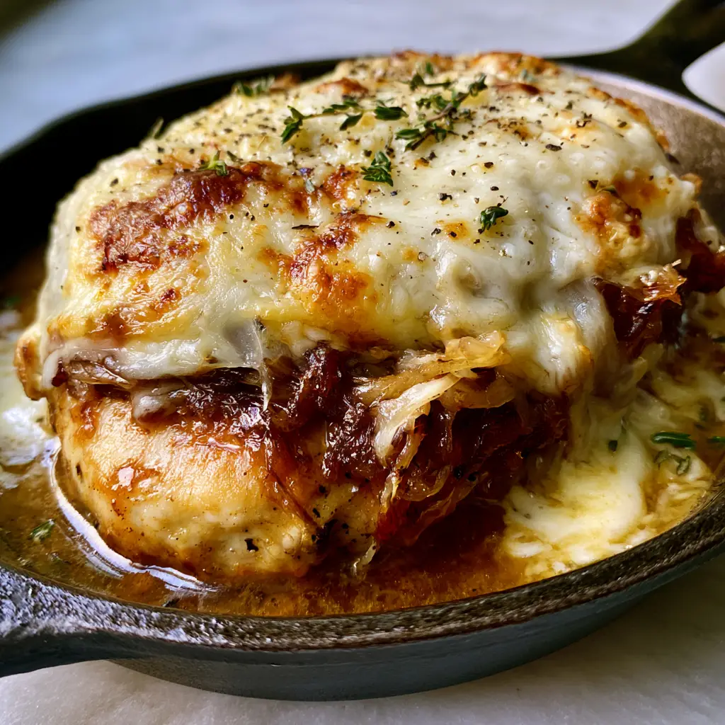 French food: The Ultimate French Onion Garlic Chicken in a Cast Iron Skillet 2 Sizzling skillet featuring seared chicken topped with mahogany caramelized onions. (French food)