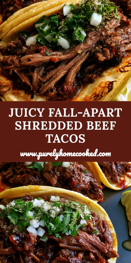 Shredded Beef Tacos with Crispy Oaxaca Cheese and Rich Consomme 4 A close-up shot of three shredded beef tacos with crispy Oaxaca cheese, topped with onions and cilantro on a dark plate. (shredded beef tacos)