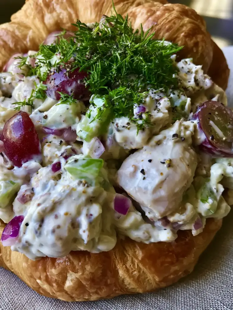 A handheld view of a classic chicken salad croissant with juicy red grapes and cracked black pepper.