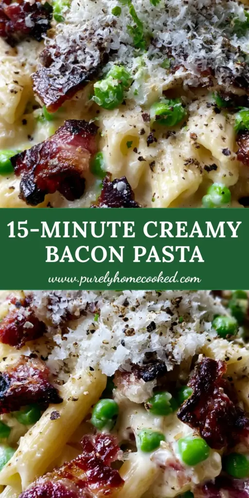 Bacon and Pea Pasta with Velvet Cream Sauce and Crispy Lardons 4 A close-up of Bacon and Pea Pasta in a matte bowl showing mahogany charred bacon, emerald peas, and a snowy mound of Pecorino cheese.