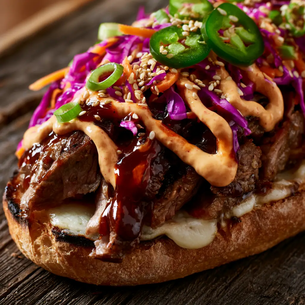 Korean Steak Sandwich with Glossy Mahogany Glaze and Gochujang Aioli 2 Macro shot showing the charred artisan baguette and melted provolone on a Korean Steak Sandwich.