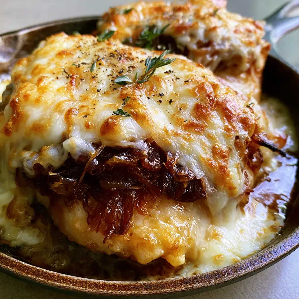 French food: The Ultimate French Onion Garlic Chicken in a Cast Iron Skillet 1 Detail of melted bubbling gruyere cheese with golden brown toasted spots on chicken. (French food)