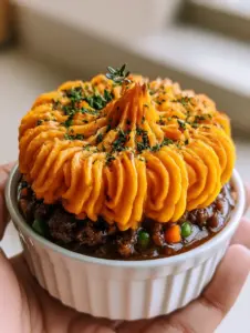 Smartphone photo of an individual shepherd's pie with whipped sweet potato mash and glossy beef filling. (Irish beef sweet potato mini pies)