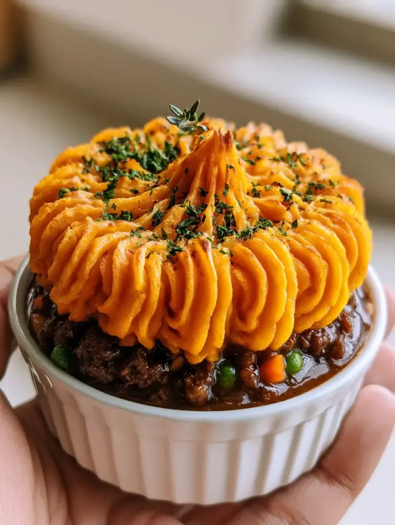 Irish Beef Sweet Potato Mini Pies: A Gourmet Individual Comfort Feast 2 Smartphone photo of an individual shepherd's pie with whipped sweet potato mash and glossy beef filling. (Irish beef sweet potato mini pies)