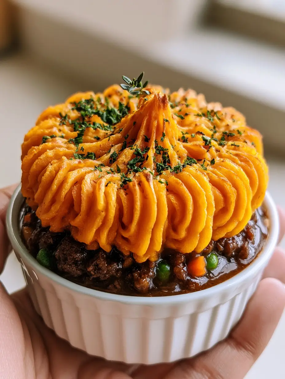 Irish Beef Sweet Potato Mini Pies: A Gourmet Individual Comfort Feast 4 Smartphone photo of an individual shepherd's pie with whipped sweet potato mash and glossy beef filling. (Irish beef sweet potato mini pies)