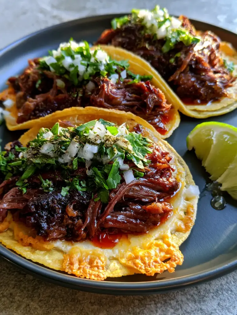 Shredded Beef Tacos with Crispy Oaxaca Cheese and Rich Consomme 2 Top-down view of glistening shredded beef tacos with mahogany strands and red chili oil drops. (shredded beef tacos)