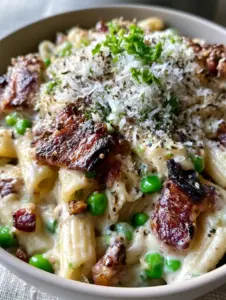Extreme macro close-up of penne ridges drenched in glossy ivory sauce with charred bacon and vibrant green peas.
