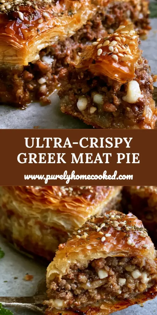 A vertical photo of a sliced Greek Kreatopita meat pie showing golden-brown phyllo layers and a thick meat interior on a metal server. (Greek kreatopita recipe)