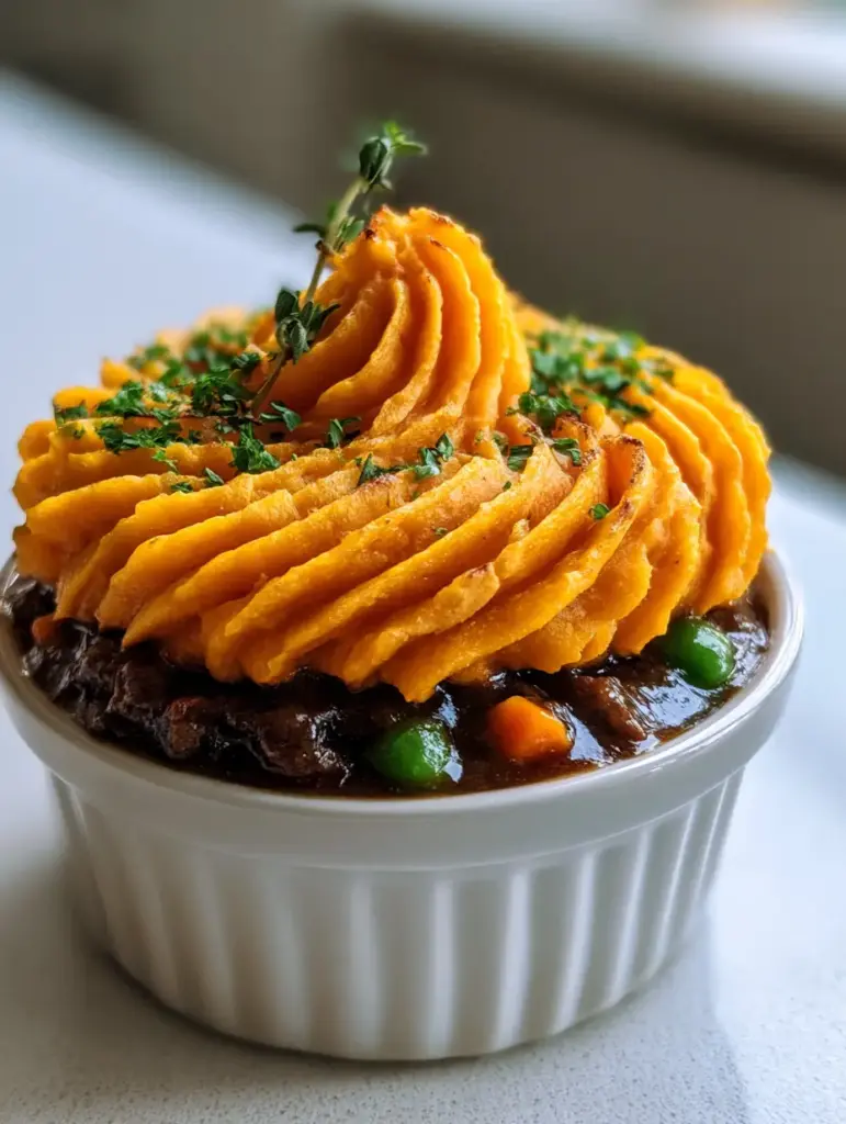 Irish Beef Sweet Potato Mini Pies: A Gourmet Individual Comfort Feast 1 Close up of vibrant orange sweet potato topping with fresh thyme sprig garnish on an Irish beef pie.