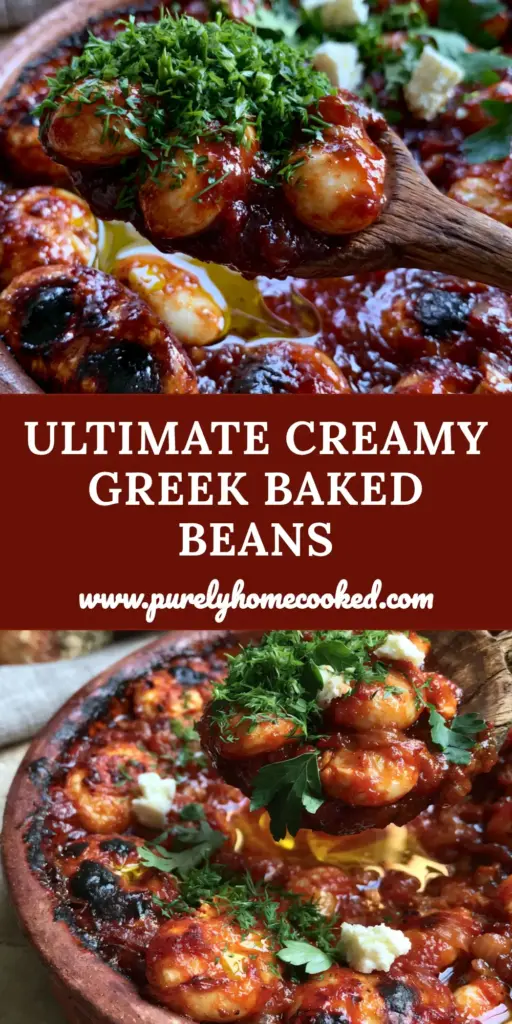 Gigantes Plaki: The Ultimate Greek Baked Giant Beans Recipe 4 A close-up of Gigantes Plaki in a terracotta dish with plump beans, deep red sauce, and fresh green dill garnishes. (Gigantes Plaki)