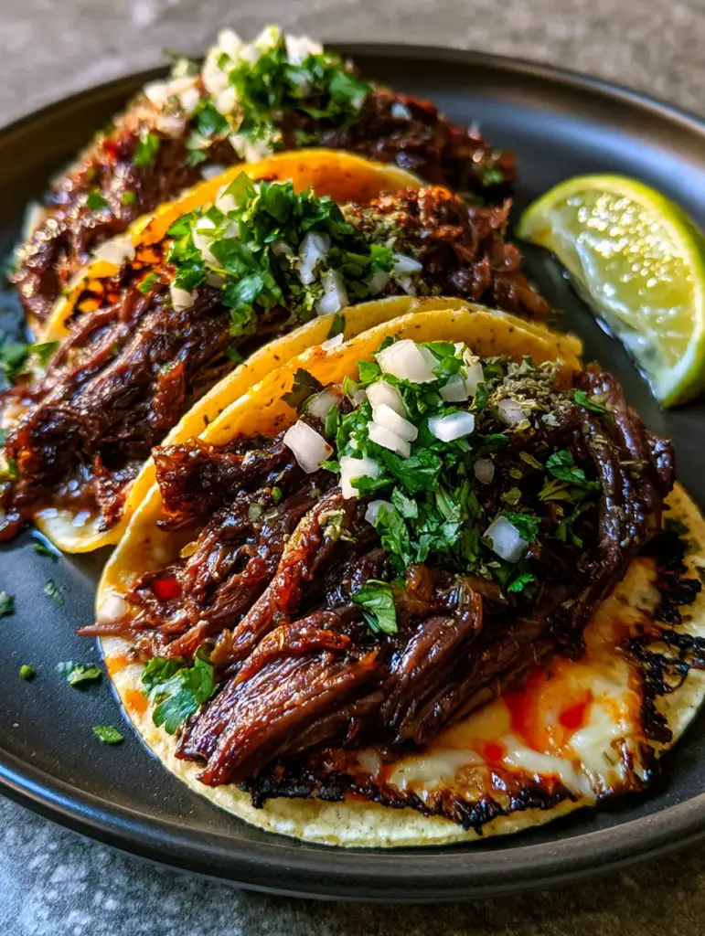 Shredded Beef Tacos with Crispy Oaxaca Cheese and Rich Consomme 1 Macro shot of seared corn tortillas with crispy melted Oaxaca cheese edges peeking out. (shredded beef tacos)