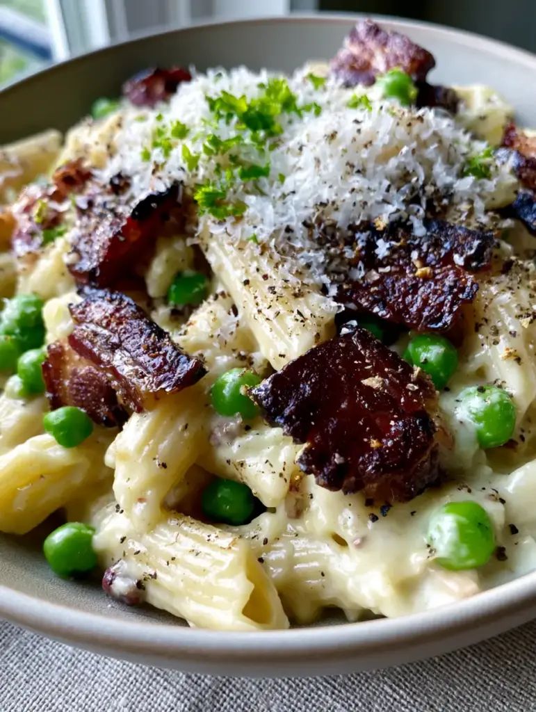 Bacon and Pea Pasta with Velvet Cream Sauce and Crispy Lardons 1 Top view of Bacon and Pea Pasta with a snowy mound of micro-planed pecorino romano and coarse black pepper flakes.
