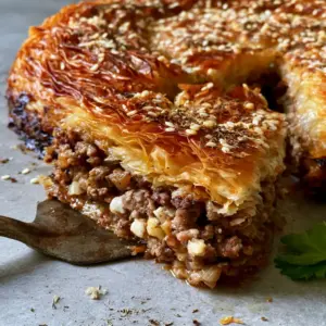 Detailed side profile of a sliced Greek meat pie with ultra-thin phyllo layers and white cheese cubes. (Greek kreatopita recipe)