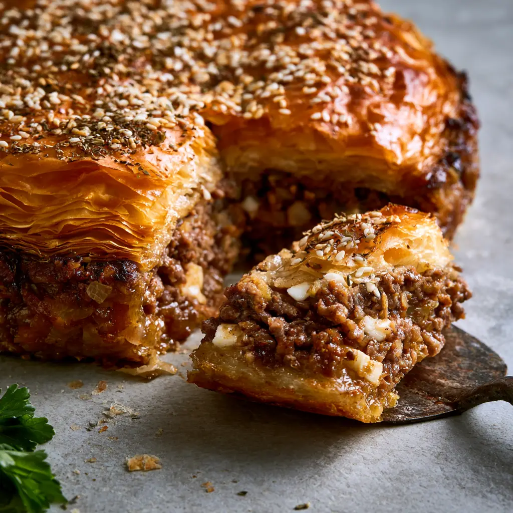 Handheld photo of a crispy slice of Greek meat pie being lifted with a rustic metal server.